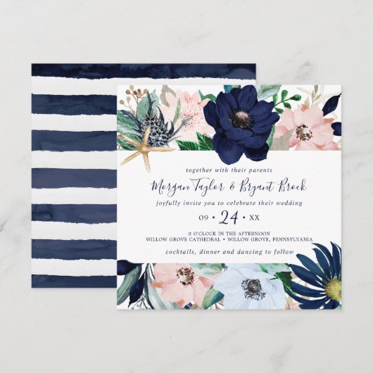 Modern Nautical | Floral Square Weddenschap Kaart (Voorkant / Achterkant)