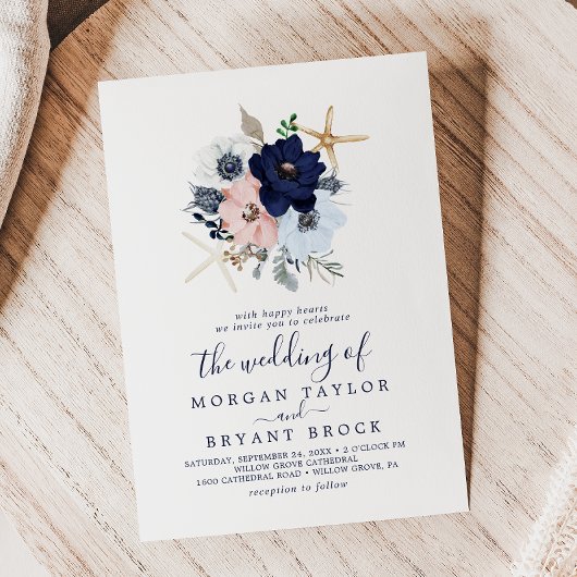 Modern Nautical | Floral Striped Wedding Kaart