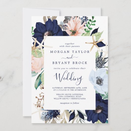 Modern Nautical | Floral Wedding Kaart (Voorkant)