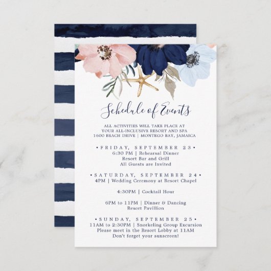 Modern Nautical Floral Wedding Schedule of Events Informatiekaartje (Voorkant / Achterkant)
