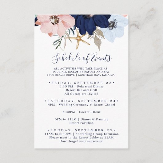 Modern Nautical Floral Wedding Schedule of Events Informatiekaartje (Voorkant)