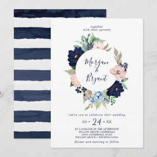 Modern Nautical   Floral Wreath Wedding Kaart