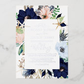 Modern Nautical Floral | Zilver Foil Navy Wedding Folie Uitnodiging (Voorkant)