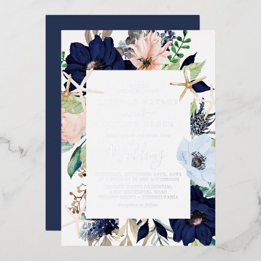 Modern Nautical Floral | Zilver Foil Navy Wedding Folie Uitnodiging (Voorkant / Achterkant)