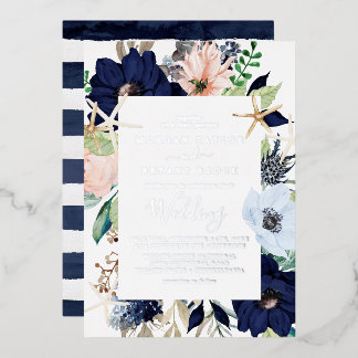 Modern Nautical Floral | Zilverig olievraagje Folie Uitnodiging