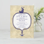 Modern Nautical Gold Stripe Zeilboot Baby shower Kaart (Staand voorkant)