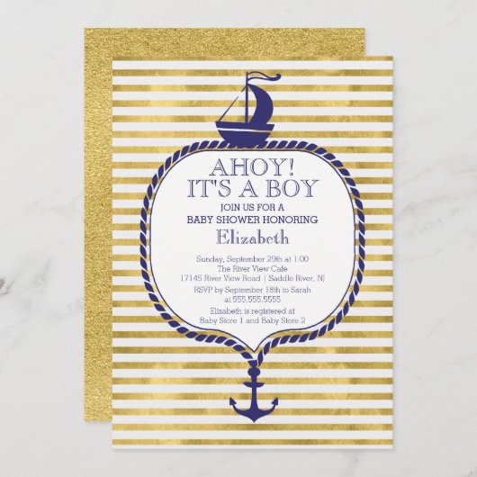 Modern Nautical Gold Stripe Zeilboot Baby shower Kaart (Voorkant / Achterkant)