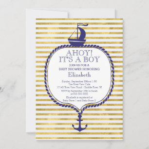Modern Nautical Gold Stripe Zeilboot Baby shower Kaart