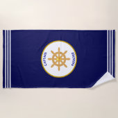 Modern Nautical Golden Ship Wheel op Navy Blue Strandlaken (Voorkant)