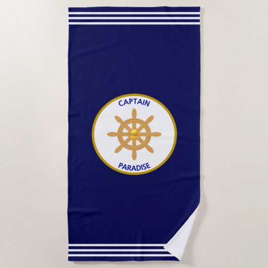 Modern Nautical Golden Ship Wheel op Navy Blue Strandlaken (Voorkant)