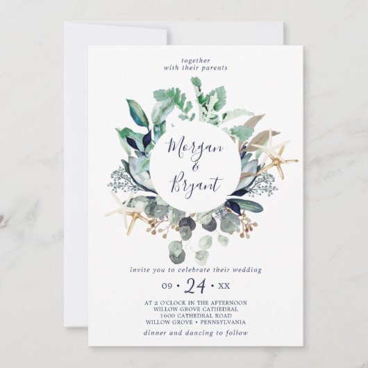 Modern Nautical | Greenery all in one Wedding Kaart (Voorkant)