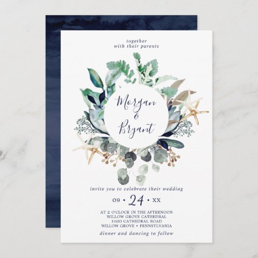 Modern Nautical | Greenery all in one Wedding Kaart (Voorkant / Achterkant)
