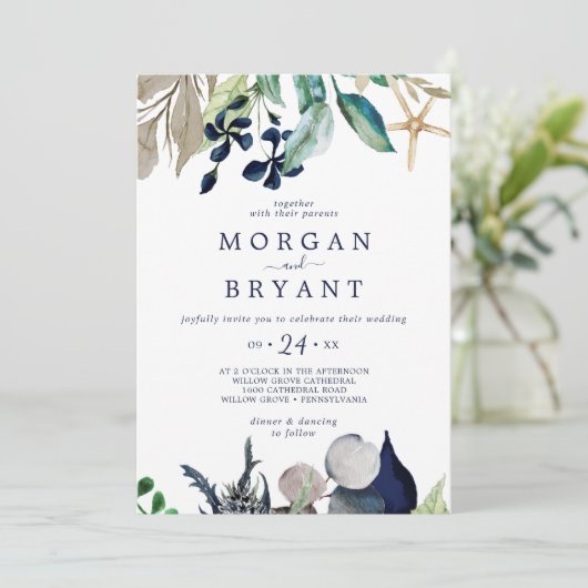 Modern Nautical | Greenery Navy Stripe Wedding Kaart (Staand voorkant)