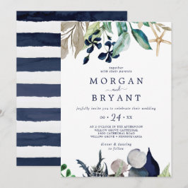 Modern Nautical | Greenery Navy Stripe Wedding Kaart