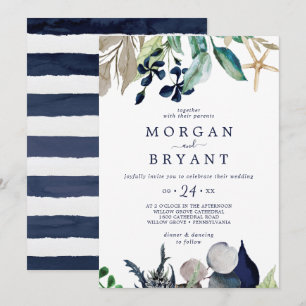 Modern Nautical   Greenery Navy Stripe Wedding Kaart