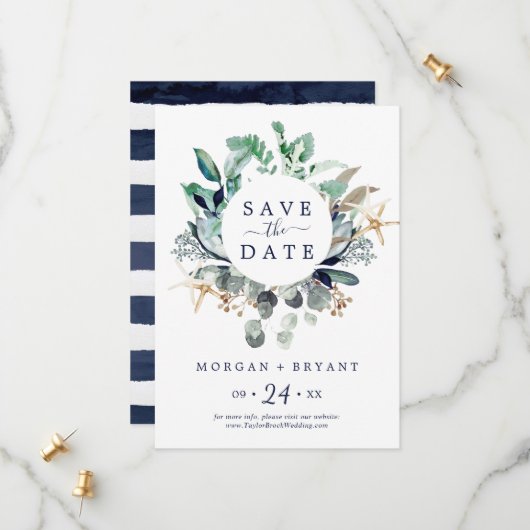 Modern Nautical | Greenery Save the Date Kaart (Voorkant / Achterkant in situ)