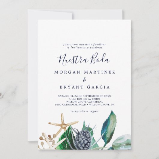 Modern Nautical | Greenery Spain Nuestra Boda Kaart (Voorkant)