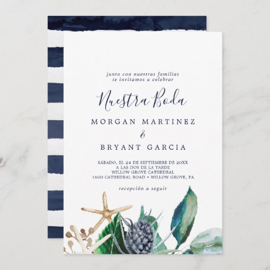 Modern Nautical | Greenery Spain Nuestra Boda Kaart (Voorkant / Achterkant)