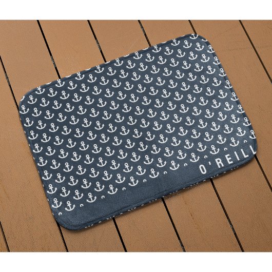 Modern Nautical Navy Blauw en Wit Ankerpatroon Badmat