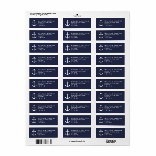 Modern Nautical Navy Blue Anchor Wedding Etiket (Full Sheet)