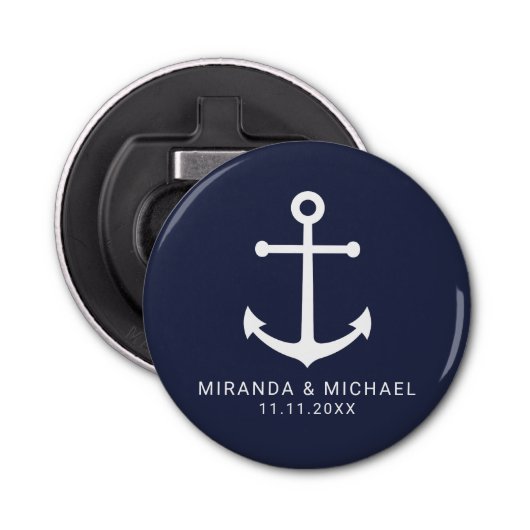 Modern Nautical Navy Blue Anchor Wedding Favor Button Flesopener (Voorkant)