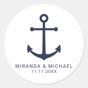 Modern Nautical Navy Blue Anchor Wedding Favor Ronde Sticker