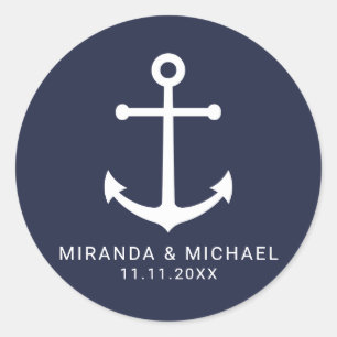 Modern Nautical Navy Blue Anchor Wedding Favor Ronde Sticker