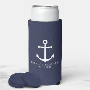 Modern Nautical Navy Blue Anchor Wedding Favor Seltzer Blikjeskoeler