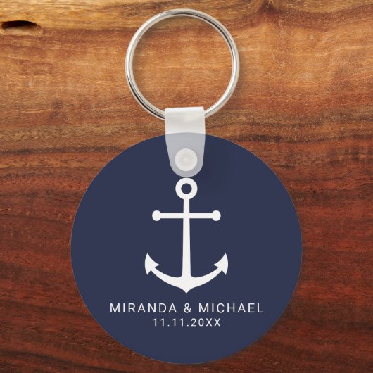 Modern Nautical Navy Blue Anchor Wedding Favor Sleutelhanger (Voorkant)
