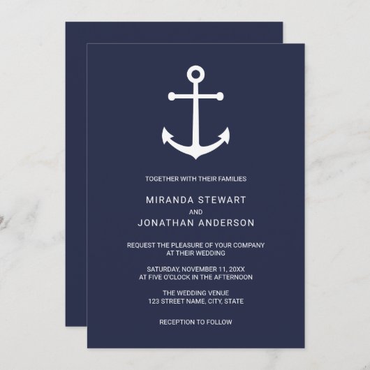 Modern Nautical Navy Blue Anchor Wedding Kaart (Voorkant / Achterkant)