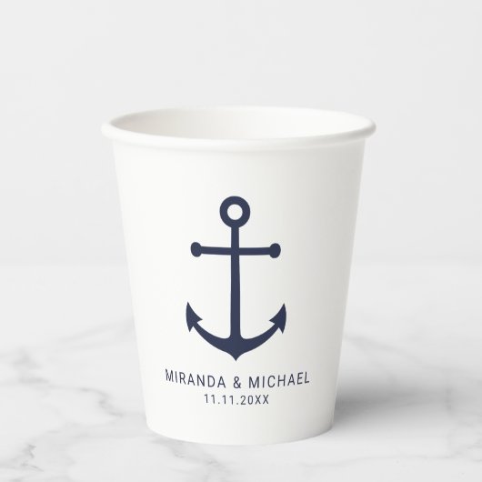 Modern Nautical Navy Blue Anchor Wedding Papieren Bekers (Voorkant)