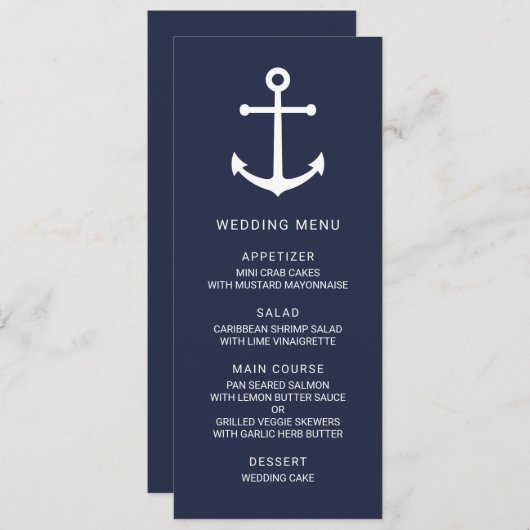 Modern Nautical Navy Blue Anker Bruiloft Menu (Voorkant / Achterkant)