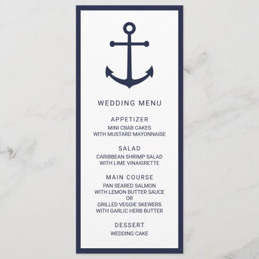 Modern Nautical Navy Blue Anker Bruiloft Menu (Voorkant)