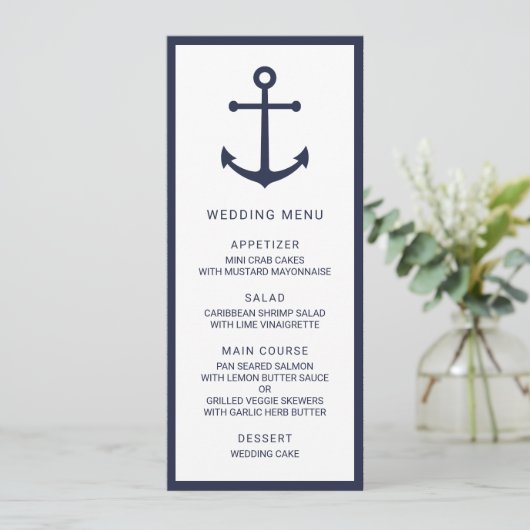 Modern Nautical Navy Blue Anker Bruiloft Menu (Staand voorkant)