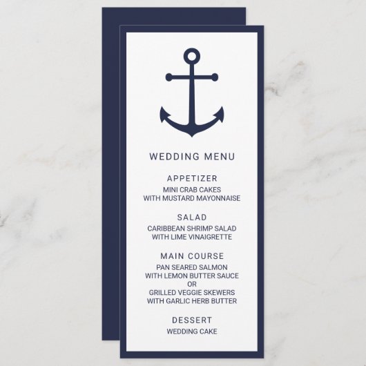 Modern Nautical Navy Blue Anker Bruiloft Menu (Voorkant / Achterkant)