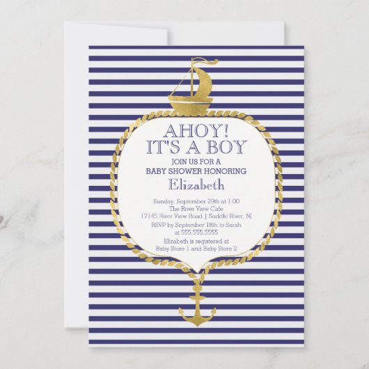Modern Nautical Stripe Gold Anker Baby shower Kaart (Voorkant)