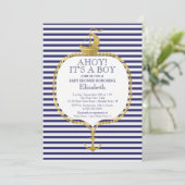 Modern Nautical Stripe Gold Anker Baby shower Kaart (Staand voorkant)