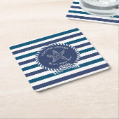 Modern Nautical Stripe Turquoise Navy Blue White Kartonnen Onderzetters (Schuin)