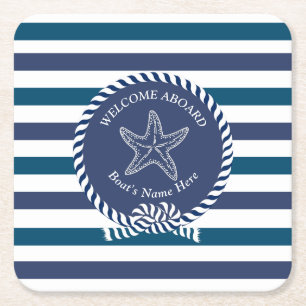 Modern Nautical Stripe Turquoise Navy Blue White Kartonnen Onderzetters