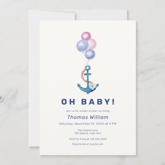 Modern Nautisch Anker Ballon Baby shower Kaart (Voorkant)