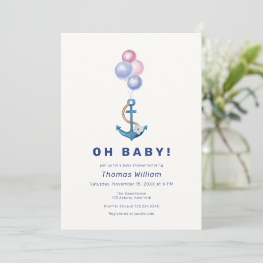 Modern Nautisch Anker Ballon Baby shower Kaart (Staand voorkant)