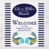 Modern nautisch blauw vis strand huis welkom wijn etiket (Enkel label)