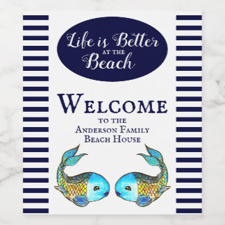 Modern nautisch blauw vis strand huis welkom wijn etiket