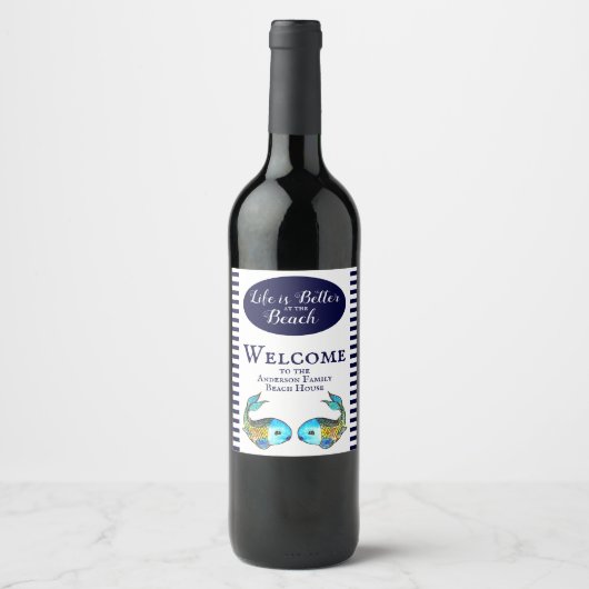 Modern nautisch blauw vis strand huis welkom wijn etiket (Voorkant)