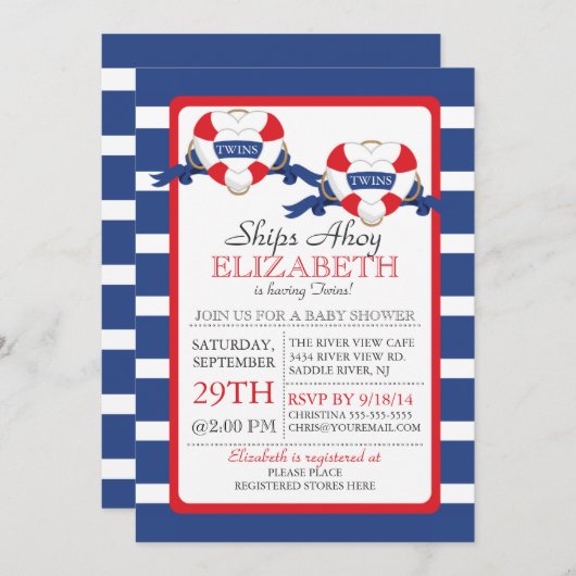 Modern nautisch hart boei tweeling Baby shower Kaart (Voorkant / Achterkant)