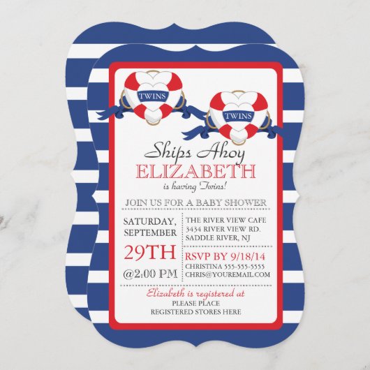 Modern nautisch hart boei tweeling Baby shower Kaart (Voorkant / Achterkant)