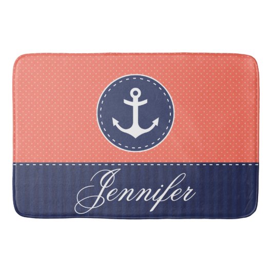 Modern nautisch koraal blauw anker gepersonaliseer badmat (Voorkant)