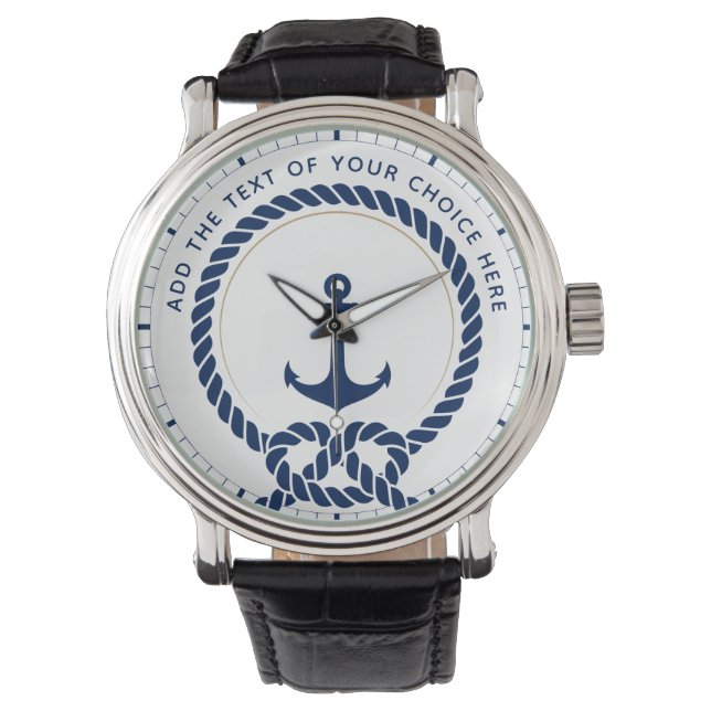 Modern Nautisch Touw & Anker Custom Text Horloge (Voorkant)