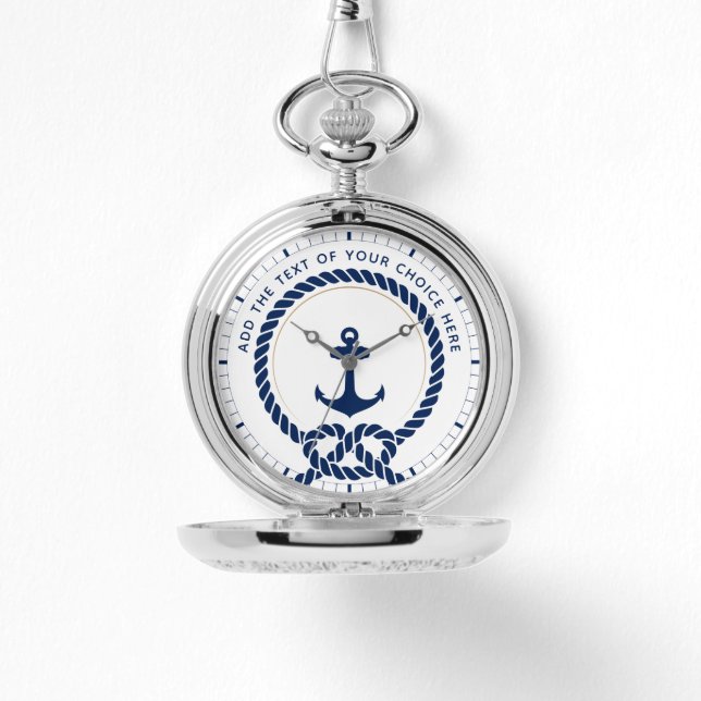 Modern Nautisch Touw & Anker Custom Text Pocket Horloge (Voorkant)