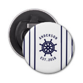 Modern nautisch wiel en marine blauw gestreept op  button flesopener (Voorkant)
